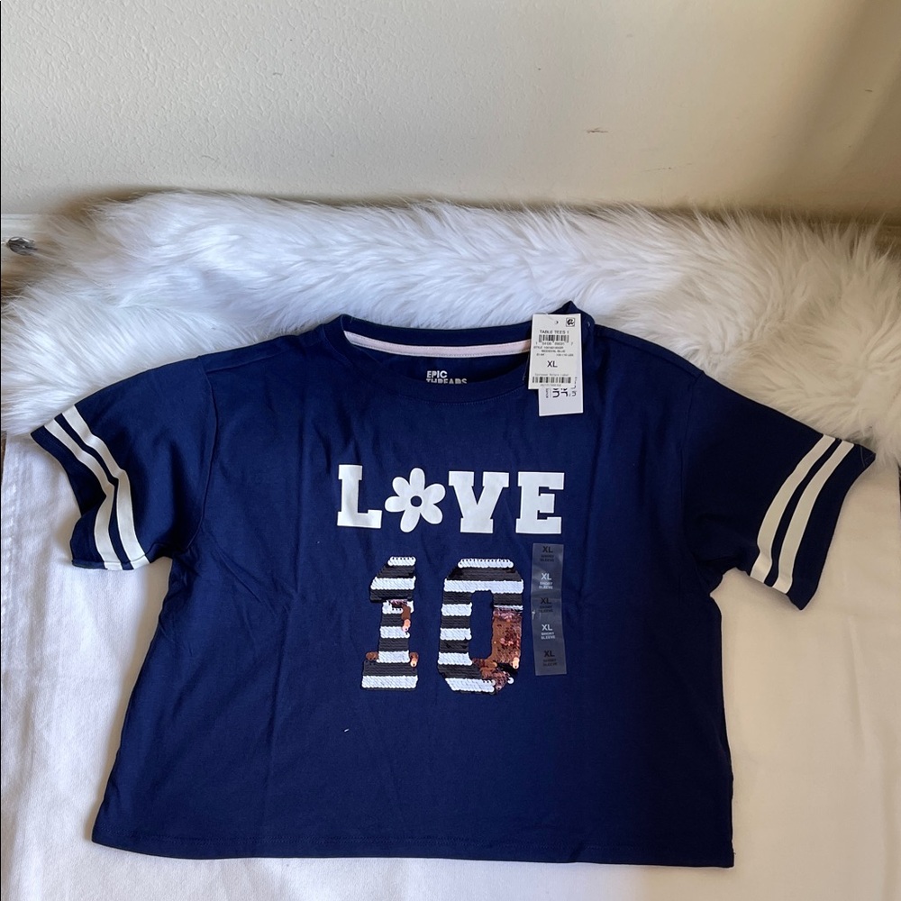 Epic Threads Girls Blue Crop Top with Letters LOVE and Sequined  number 10.